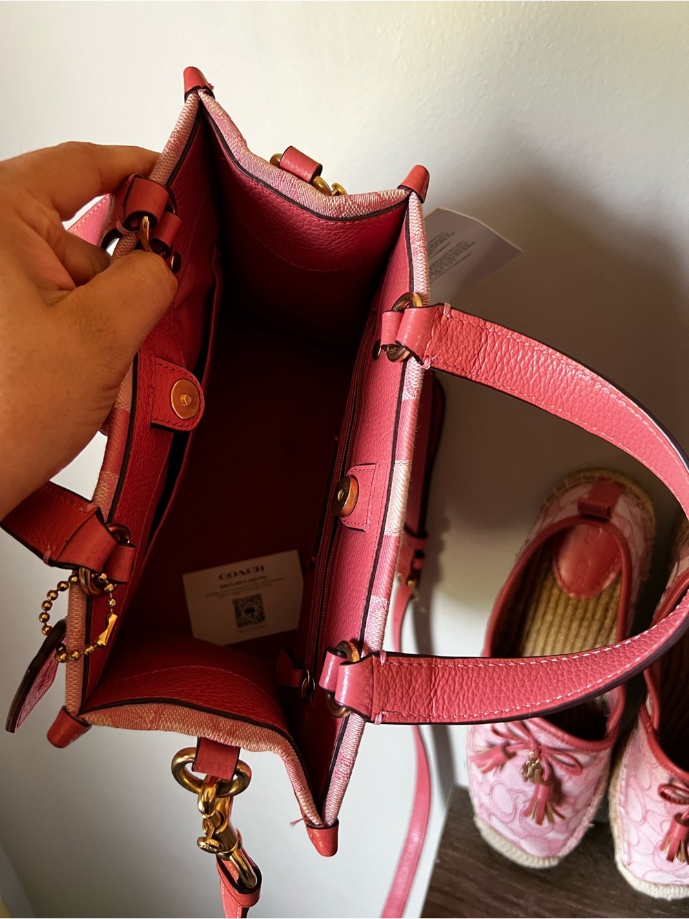 COACH Pink Signature Logo Satchel with Striped Detail - Picture 5 of 6